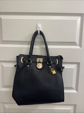 Michael Kors Black Pebbled Satchel with Gold Hardware and Charm